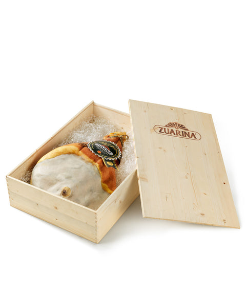 Prosciutto di Parma g.U. Zuarina 24 Monate am Knochen in scatola di legno