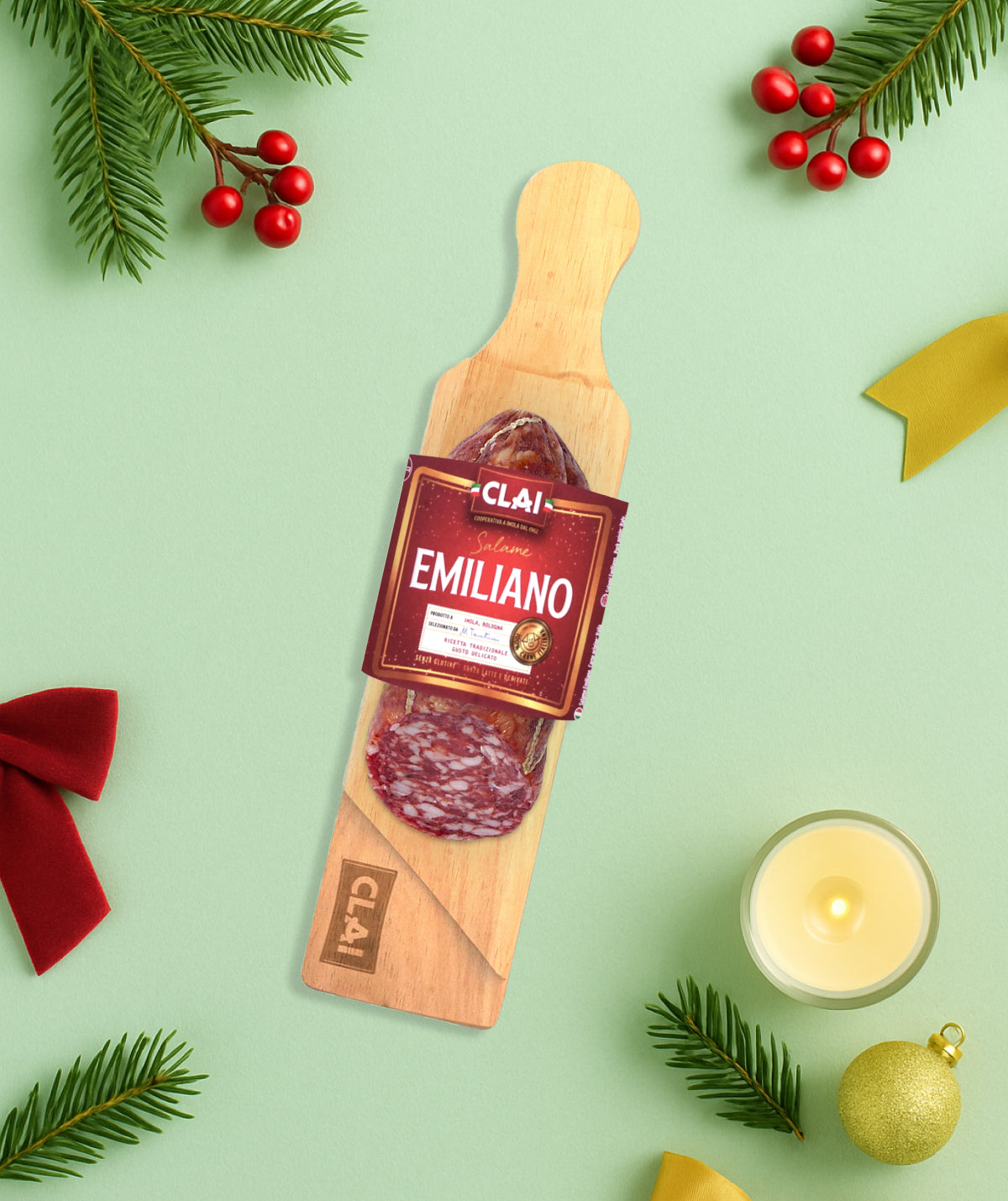 Salame Emiliano CLAI con tagliere in legno, edizione Natale