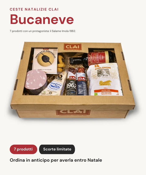 Cesta Natalizia Bucaneve CLAI con salame Imola 1962 senza conservanti, Fragranze, mortadella, Parmigiano, pasta, olio e biscotti