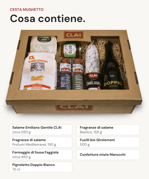 Cosa contiene la Cesta Natalizia Mughetto CLAI: 7 prodotti con pesi e formati