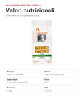 Valori nutrizionali per 100 g dei Maccheroni Senatore Cappelli Bio Girolomoni: energia 1505 kJ / 355 kcal, grassi 1,8 g, carboidrati 71 g, fibre 2,3 g, proteine 12,5 g, sale meno di 0,01 g